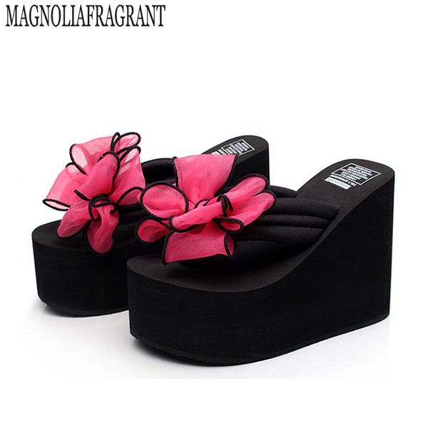 

2017 summer shoes bow women high heel slippers leather soft platform sandals ladies wedges sandals woman flip flops k2, Black