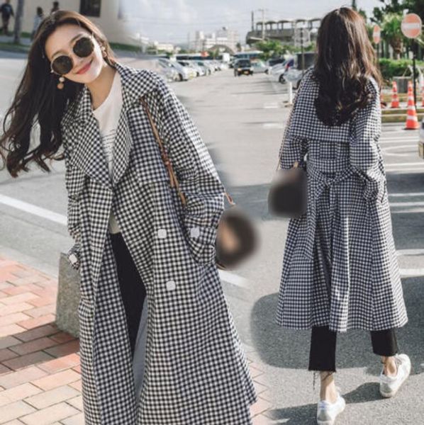 

korean fashion women loose houndstooth coat chic long trench jacket new, Tan;black