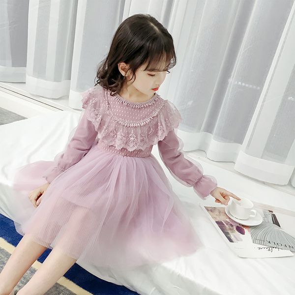 Bahar Yeni Çocuk Kız Giysileri Prenses Denim Elbise Çocuk Kız Elbiseleri Puf Kol Dantel Elbise 4-10 Yıl Sevimli Parti