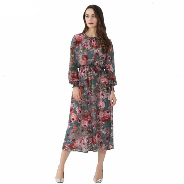 

women dresses long sleeve dress women floral dress two pieces set long sleeve elastic waist mid calf o neck casual brand qz3200, Black;gray