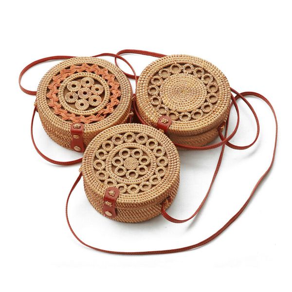 

woven rattan bag round straw shoulder bag small beach handbags women summer hollow messenger crossbody bohemian handbag