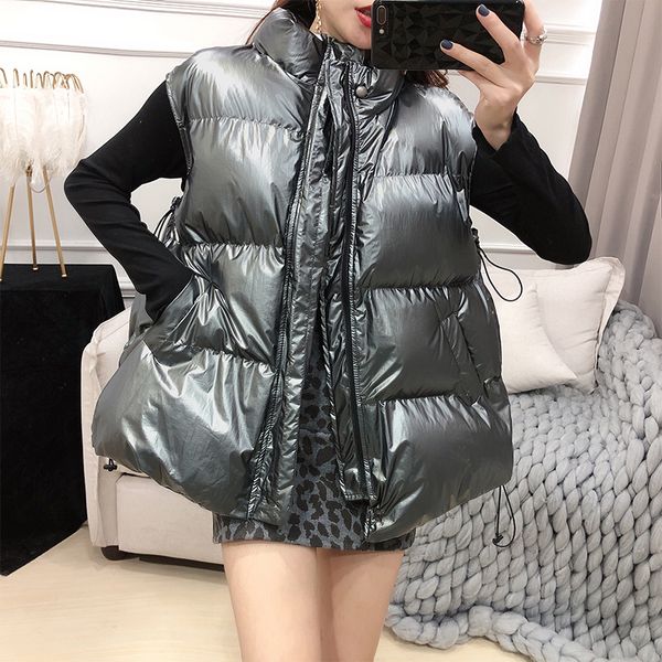 

sexemara 2019 winter new zipper open sleeveless lace-up hem thick warm coat solid color ladies fashion cutton vest cco076, Black;white