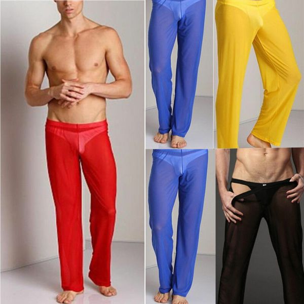 

men's breathable lingerie long pants mesh sheer see-through underwear trousers, Black;blue