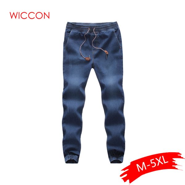 

2019 fashion casual solid blue denim jeans joggers elastic waistband drawstring men washed hip hop harem pants sale