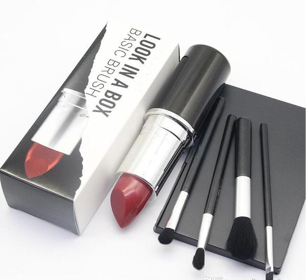 

2022 new makeup brand look in a box basic brush 4pcs/set brushes set with big lipstick shape holder makeup tools good item.