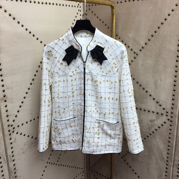 

2019 spring women's bowtie tweed coat elegant plaid jackets a418, Black;brown