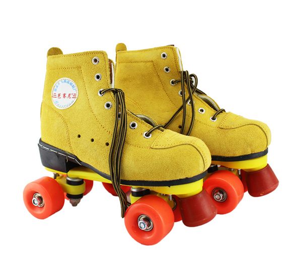 

new women female double line indoor quad parallel skates shoes patines boots 4 wheels pu with brake wear-resisting yellow
