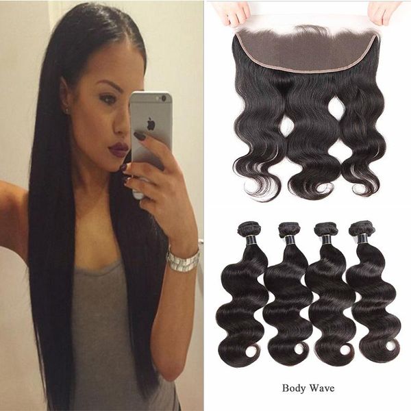 

перуанские 4 пачки с уха до уха 13 x 4 кружева фронтальная тела волновые необработанные утков волос человека с фронтальным закрытие тела вол, Black;brown