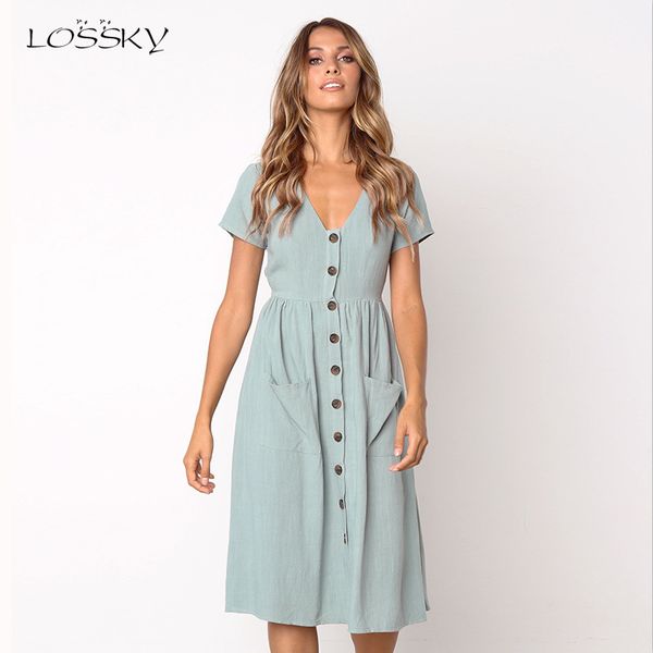 

lossky women casual a line dress v neck solid polyester summer dresses for women knee length dress pockets elegant beach, Black;gray