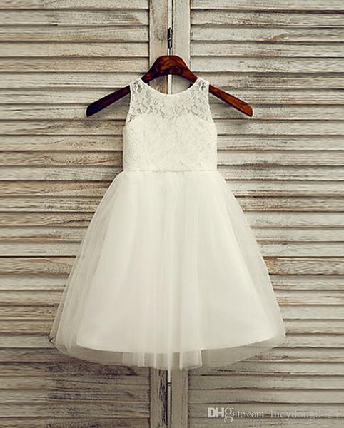 Vestidos De Casamento Simples Vestido Da Menina Da Flor Tornozelo-comprimento De Renda Branca E Tule Uma Linha De Vestido Sem Mangas Vestidos Da Menina De Flor Branca Para O Casamento