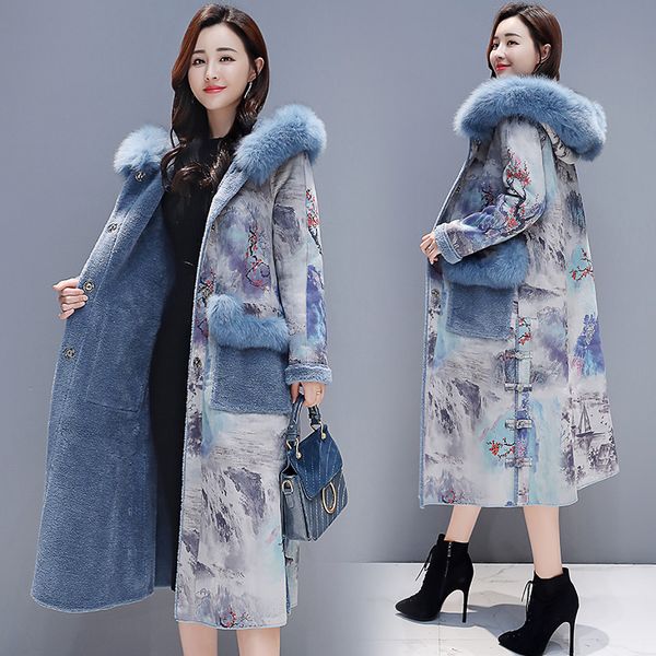 

2019 winter women's new faux fur long loose large size fur one faux elegant printing hooded tide brand lq563, Black