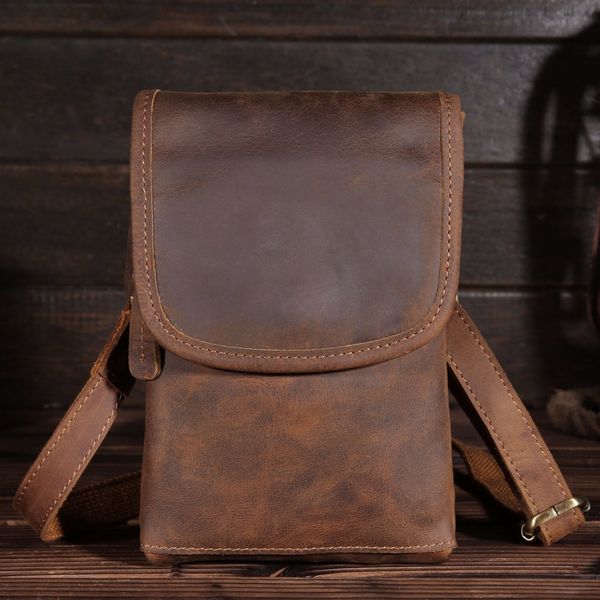 

мужская vintage подлинная crazy horse кожа талии сумка с shoudler crossbody пояс hip бум loops обновления телефон кошелек карманный b2093