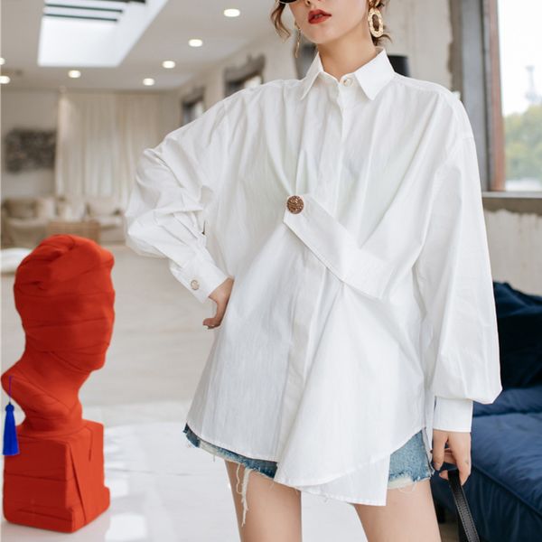 

lanmrem сплошной цвет длинная кнопка кружева фонарь рукав свободные плюс футболка женщины повседневная мода джокер простой 2020 весна новый, White