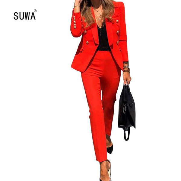 

two piece dress office lady fashion outfit rivets spliced blazers and slim long pants 2 set cool suits, White