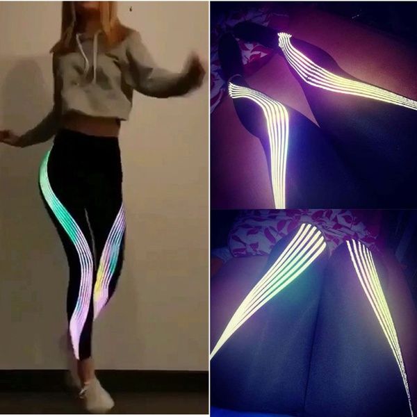 

2020 reflective leggings yoga pants tights sportswear tracksuit women female glow in the dark night light stripes laser fitness, White;red