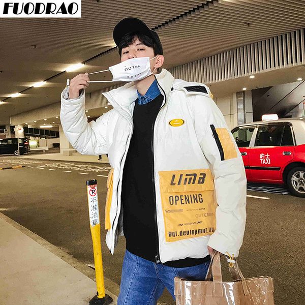 

fuodrao streetwear thicken warm winter parka print korean men jackets hip hop man hooded outwear outdoor coats j206, Black