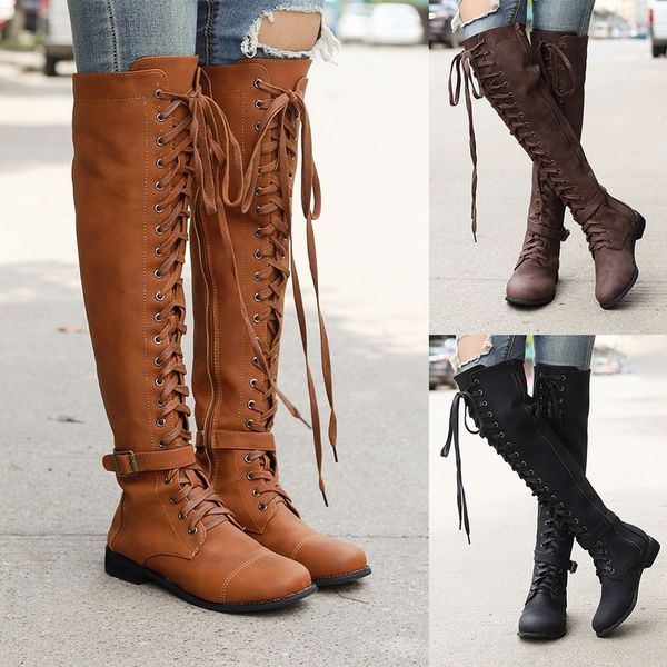 

spring autumn lacing knee high boots women fashion square heel woman leather shoes winter large size 35-43, Black