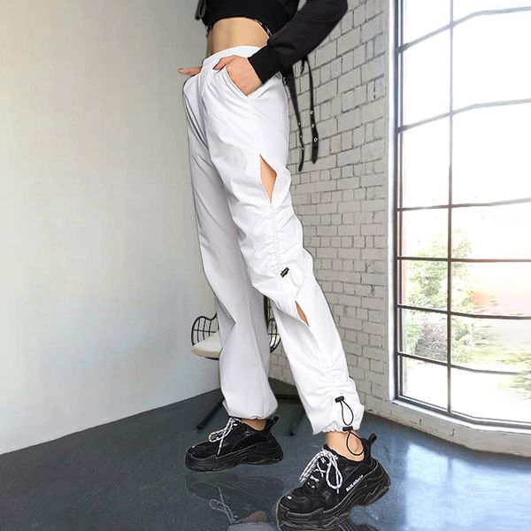 

2019 elastic high waist white pants women fashion pleated hole long pants pantalon trousers women casual cargo high street, Black;white