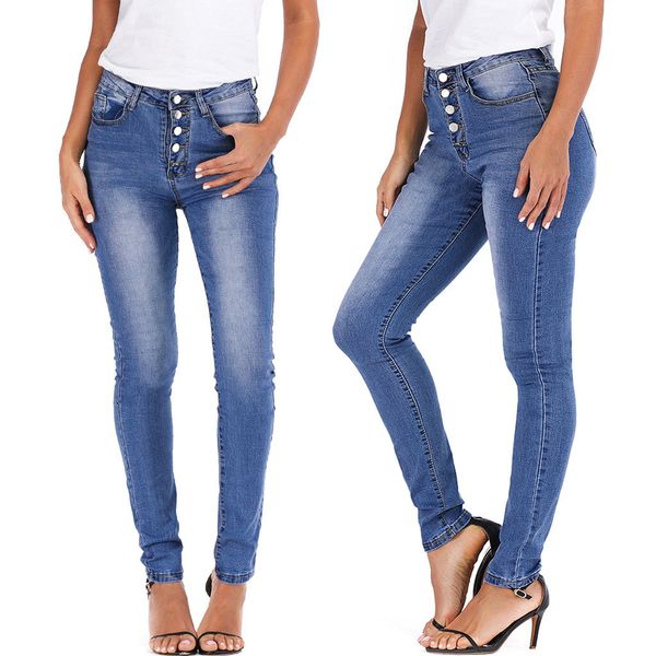 

autumn women denim skinny pants stretch button pocket waist blue slim elastic tights jeans pants #yj2
