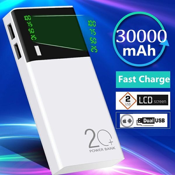 

30000 mah power bank fast charging portable phone battery dual usb charger lcd digital display mobile power external battery