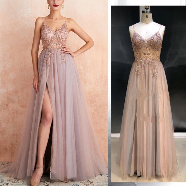 

in stock evening dresses 2019 floor length beading sequined v-neck split spaghetti strap tulle zipper prom party gown, White;black