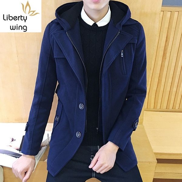 

brand new winter long sleeve single breasted mens hooded overcoats fashion belt slim fit male casual trench coats plus size 4xl, Black