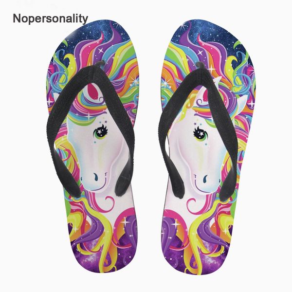 

nopersonality colorful cartoon unicorn print slippers summer beach flips flops personalized female women flat home flipflops, Black