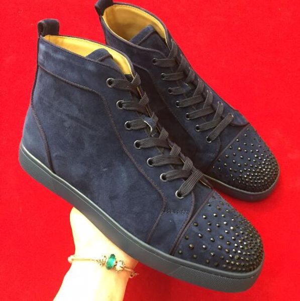 

new 2018 mens womens blue gray suede leather toe rhinestones red bottom high sneakers,design brand causal sports shoes, Black