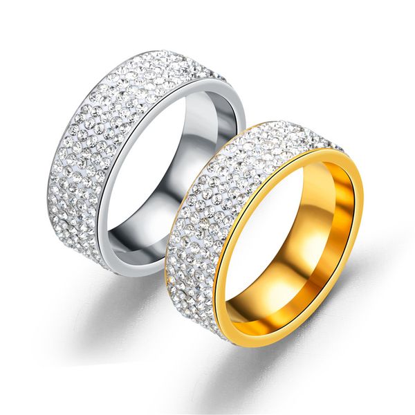 Anel de carboneto de aço de titânio de 8mm com strass Mens e anel de casamento das mulheres Banda EUA tamanho 6 a 13 cores (ouro, prata)