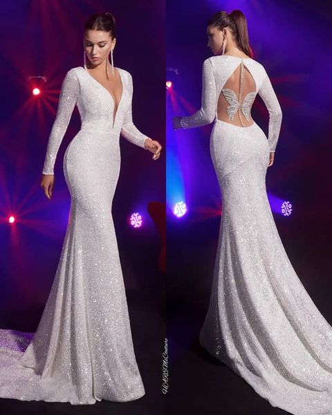 

2019 arabic sparkly wedding dresses deep v neck long sleeves beaded bridal dress sequined wedding gowns, White