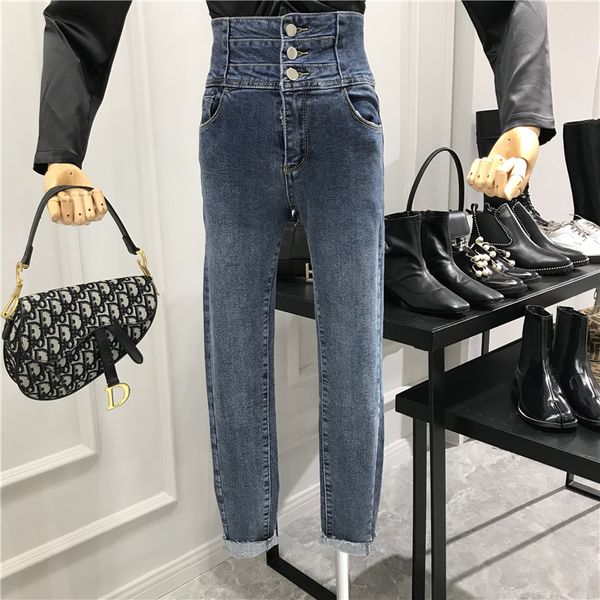 

retro high waist jeans women 2019 autumn winter personality three buckle skinny trousers with velvet inside pencil jeans pants, Blue