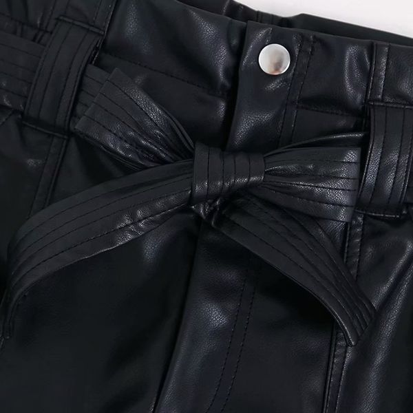 

women bow sahes pu leather bermuda shorts ladies high waist pocket patch casual chic pantalone cortos zipper fly shorts p563, White;black