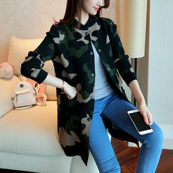 

autumn camouflage knit cardigan coat women 2019 fall fasion new sweater jacket pink army green print casual blusa f1707, Black;brown