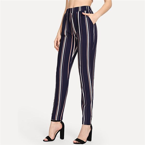 

women designer pants blue minimalist office lady pinstripe cigarette highstreet autumn pants full length women casual trousers, Black;white