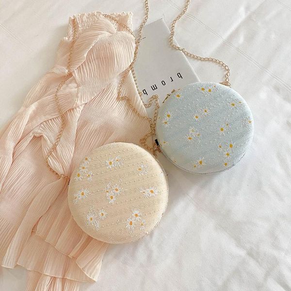

women round mini shoulder bags summer daisy embroidery chain bag ladies canvas messenger bag crossbody handbag for girls 2020