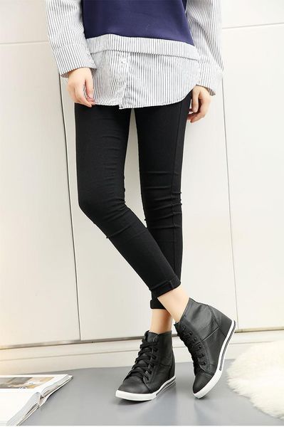

genuine leather women wedge shoes height increasing high heel shoes lace up soft sneakers, Black;white