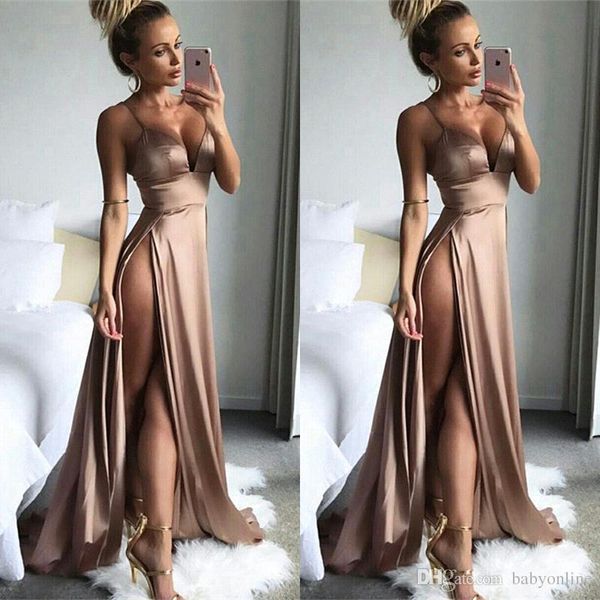 

2019 high side slit prom dresses spaghetti straps elastic satin deep v neck custom made plus size evening party gowns, Black