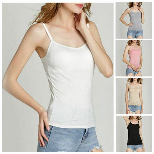 

women ladies sleeveless built-in bra padded strap tank camisole vest 2020, White