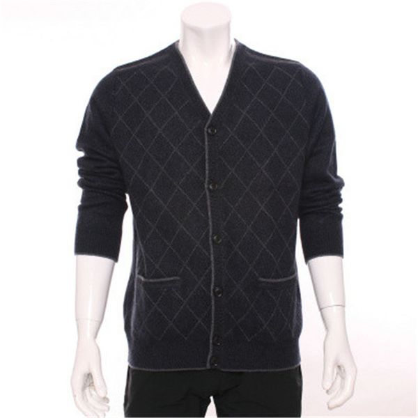 

grade 100%goat cashmere argyle thick knit men fashion single breasted cardigan sweater h-straight dark blue 3color s/2xl, White;black
