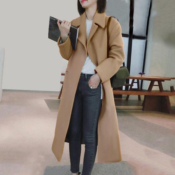 

autumn winter coat women full sleeve wool blend ladies long coats turn-down collar warm women's outwear abrigo mujer new, Black