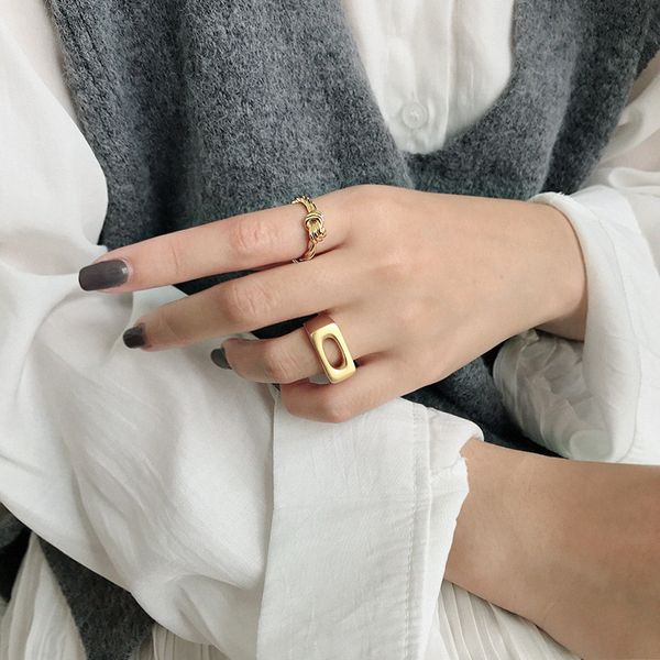 

silvology 925 sterling silver matte square openwork rings 18k gold korea open rings for women minimalist jewelry, Golden;silver