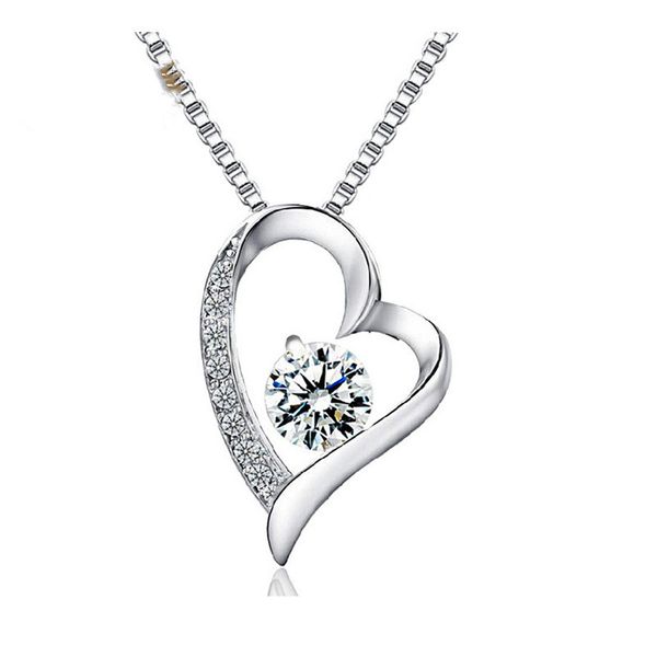 

drop shipping jewelry women pendant sterling silver zircon diamond pendant heart shape clavicle necklace 18inches box chain 925