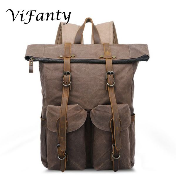 

vifanty oil wax canvas backpack leather rucksack for men travel backpacks vintage bookbag with lapcompartment