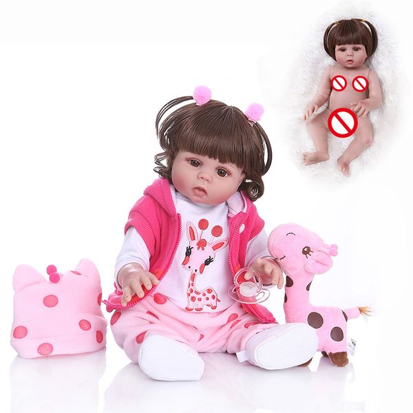 

new curly hair 49cm bebe doll reborn toddler girl doll in pink dress full body soft silicone realistic baby bath toy waterproof