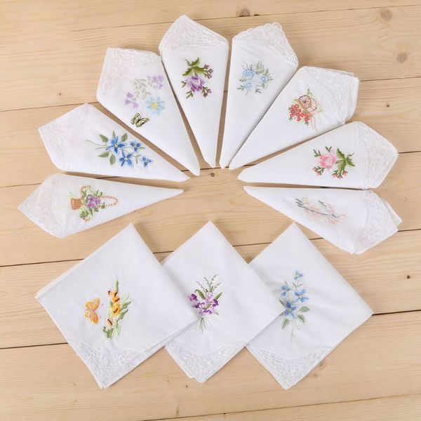 

3pcs women white square handkerchief floral embroidered pocket hanky butterfly lace cotton kids bibs portable towel napkin w77, Blue;purple