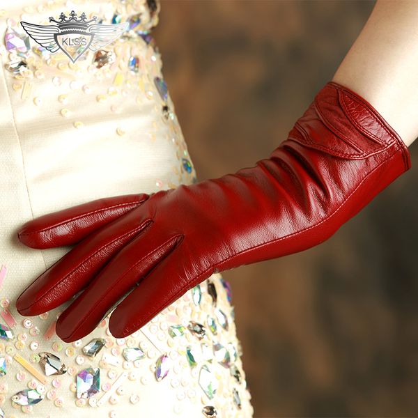 

klss brand genuine leather women gloves goatskin gloves winter plus velvet fashion trend lady sheepskin glove 35, Blue;gray