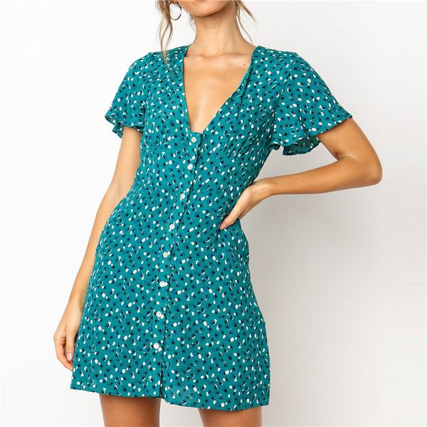 

2019 fashion mini dress v neck flare short sleeve casual dress dot print a line party ladies dresses sundress ropa mujer xl, Black;gray
