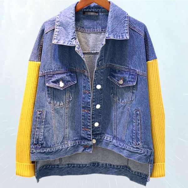 

single-breasted student jacket autumn style patchwork denim jacket knit sleeves loose women fashion jeans coat women s346, Black;brown