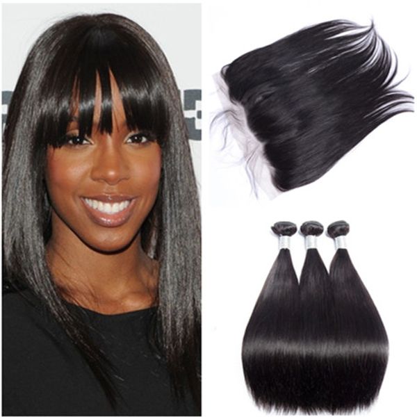 

unprocessed malaaaaaysian human hair 3bundles silky straight with 13x4 lace frontal closure 4pcs lot straight hair wefts with frontals, Black;brown
