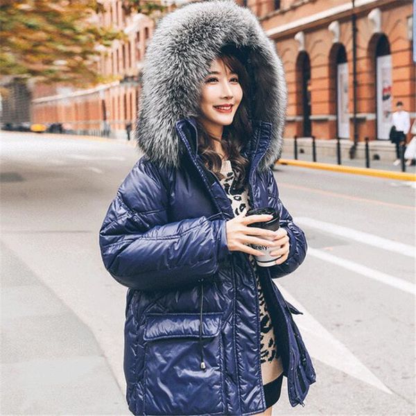

women's down & parkas large real natural fur 2021 winter jacket women 90% white duck hooded outwear loose warm thick parka, Black